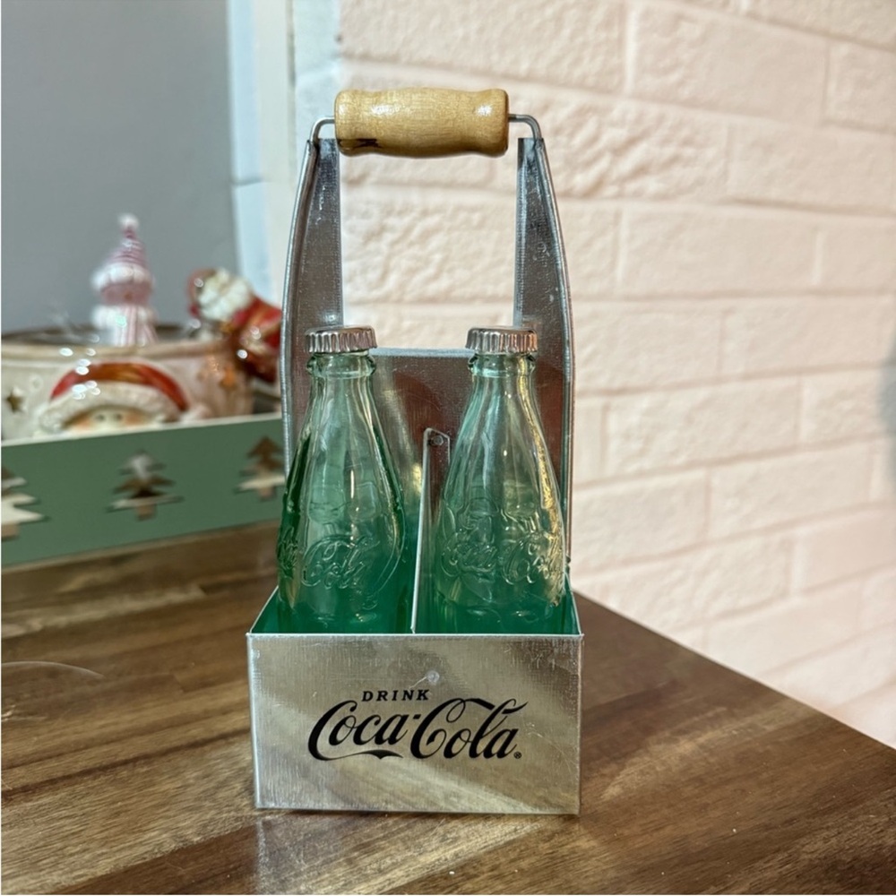 Coca-Cola Silver Carrier with Green Glass Bottles